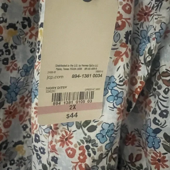 St. John's Bay Multicolor Floral Blouse 2x Button Up Long Sleeve Blue Green Ivor - Picture 9 of 16